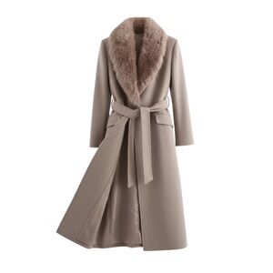Zara Tan Belted Coat with Faux Fur Collar